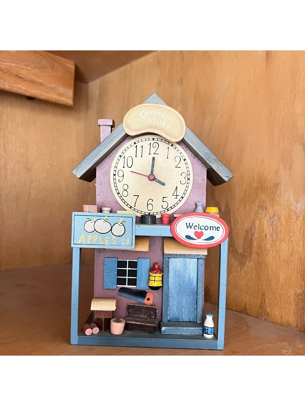 Wooden General Store Wall Clock with Decorative Details - Working